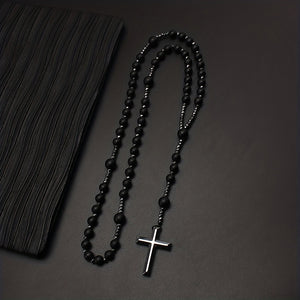 1pc Natural Stone 8mm Tiger Eye Stone Rosary Black Gallstone Cross Men's Raw Stone Necklace