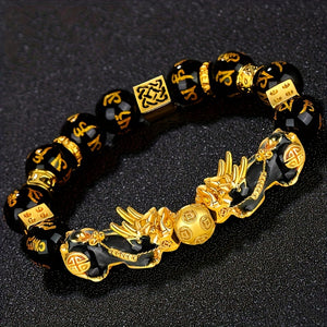 1PC Synthetic Obsidian Beads Alloy Color Changing Pixiu Bracelet, Buddha Beads Elastic Rope Hand Jewelry, Unisex Holiday, Christmas New Year