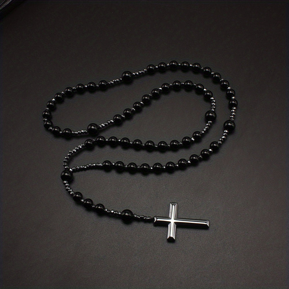 1pc Natural Stone 8mm Tiger Eye Stone Rosary Black Gallstone Cross Men's Raw Stone Necklace