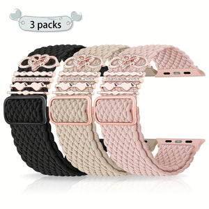 3-Pack Nylon Braided Watch Bands for Apple Watch, Waterproof, Hook & Loop Closure, with 5 Heart Charms, Smartwatch Accessories