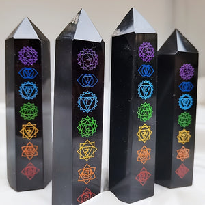 Black Obsidian Seven Main Chakras Symbolic Crystal Tower Healing Crystal The Seven Chakras Wand For Spiritual Use Hexagonal Point Reiki Chakra Gemsone Home Office Decoration