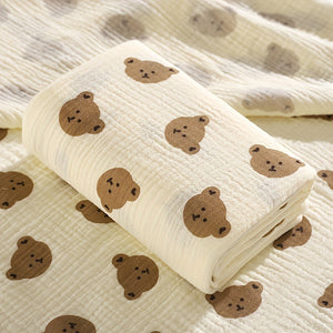 Soft Foldable Swaddle Blanket for Newborns - White with Green Elephant & Umbrella Print, Light Beige-Friendly Cotton, Perfect for Bath Time & Cuddling, Baby Blanket, Newborn Care, Playful Print, Wrinkly Texture