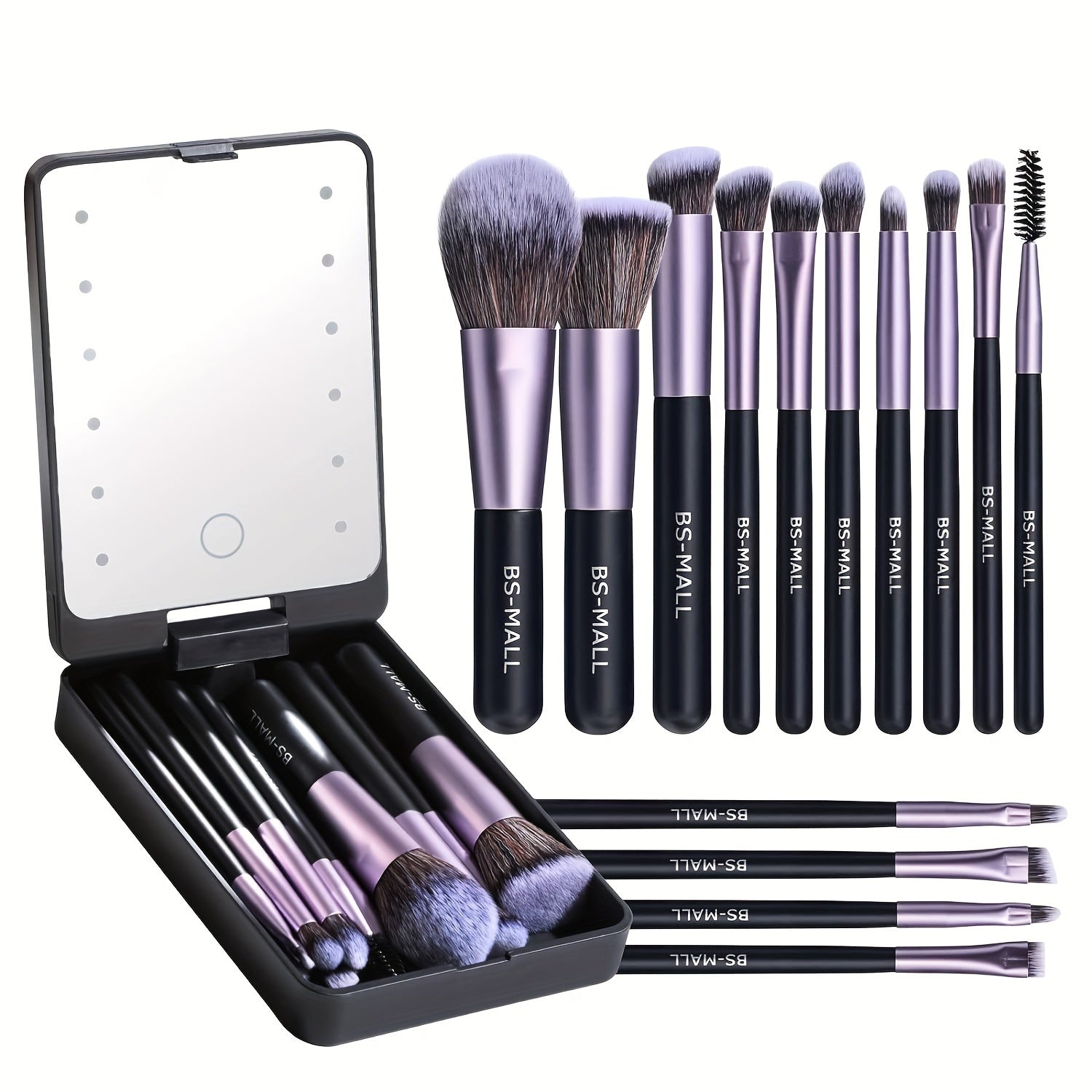 Travel Makeup Brush Set Foundation Powder Concealers Eye Shadows Makeup Set with LED Light Mirror 14 Pcs Mini Makeup Brushes, Valentine's Da