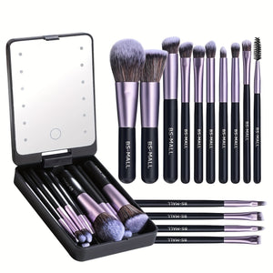 Travel Makeup Brush Set Foundation Powder Concealers Eye Shadows Makeup Set with LED Light Mirror 14 Pcs Mini Makeup Brushes, Valentine's Da