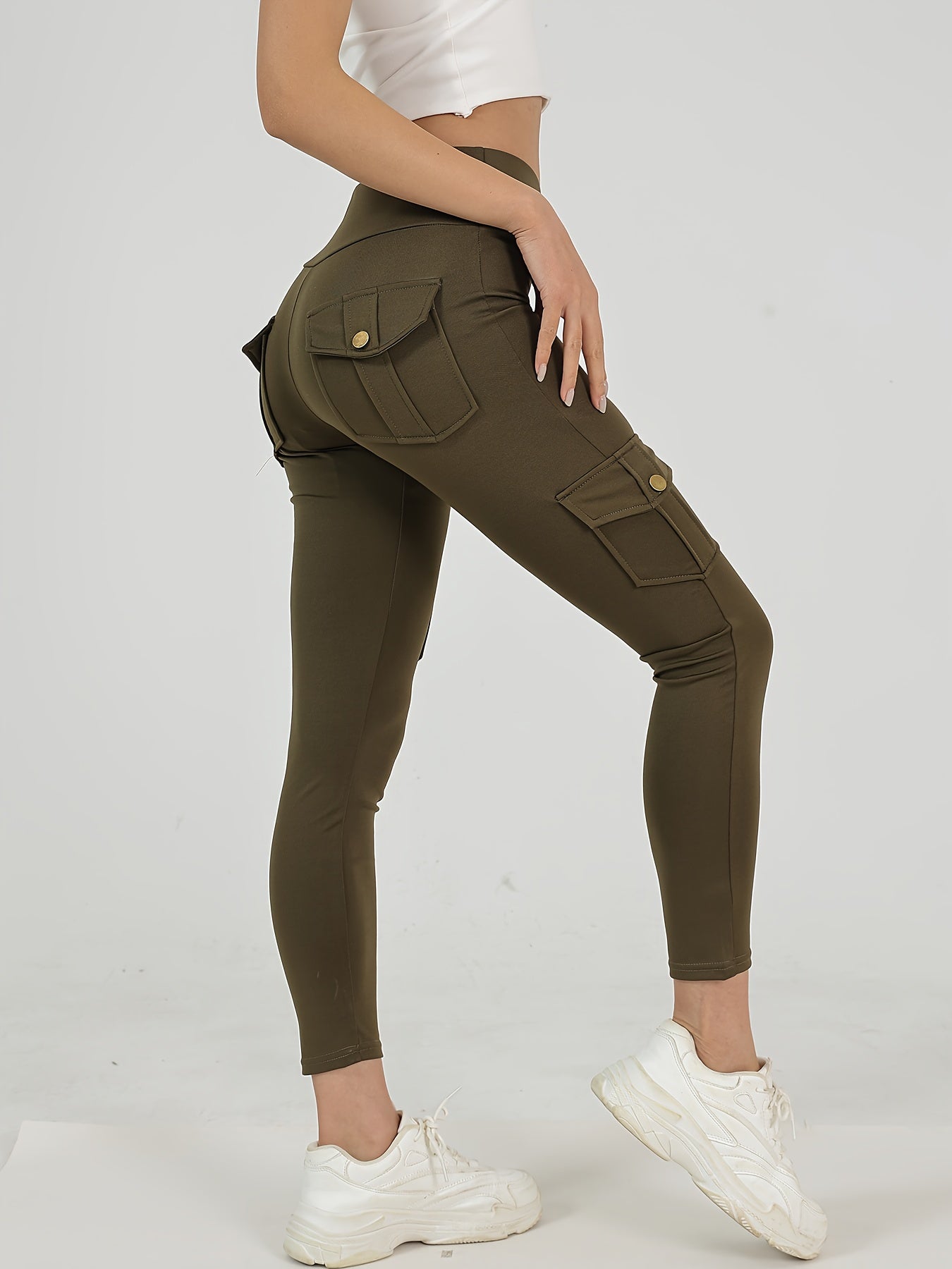 Single Piece Women's High Waisted Yoga Leggings with Pockets - Elastic Running And Sports Leggings, Button Design, Solid Color (black, Navy Green), Practical Flip Pocket, Comfortable Polyester Blend Fabric
