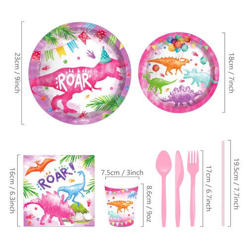 Pink Dinosaur Girl Paper Plates Party Supplie Plates Napkins Tableware 68PCS Set US Local Shipping