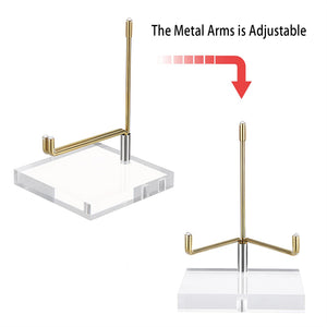 Clear Acrylic Display Stand Holder with Adjustable Metal Arms, Gold Plates Display Stand Easel for Plate Geodes Fossils Minerals Crystals