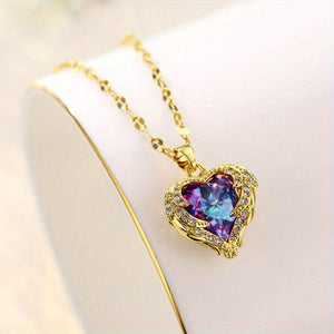 Stainless Steel Beautiful Love Heart Amethyst Golden Pendant Shiny Temperament Gift Women Jewelry Wear Everyday Christmas, Halloween  gift C