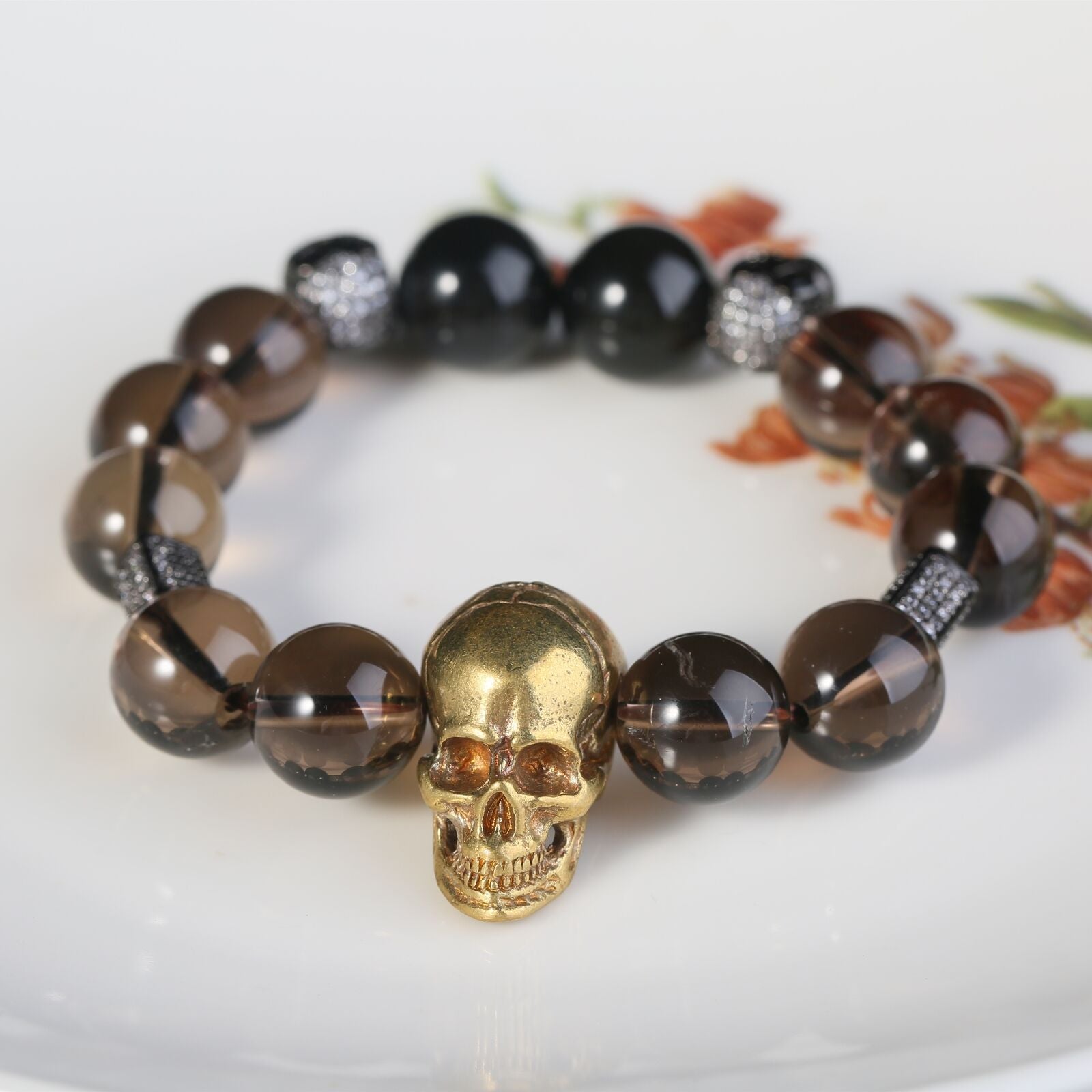 Brass Skulls Bracelets Smoky Quartz Citrine Gothic Men Fashion Crystal Beads