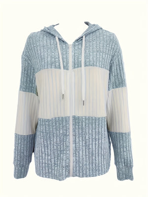 Versatile Chic Color Block Hoodie - Knit Zip-Up Sweatshirt, Long Sleeve, Casual Women's Top with Durable, Easy-Care Fabric