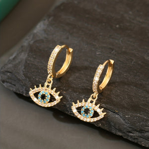 Luxurious Hip-Hop Eye Pendant Earrings with Sparkling Cubic Zirconia, 14K Gold Plated Copper - Funky Rocker Style, Ideal Gift for Men
