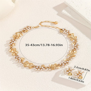 [Perfect Daily Wear Jewelry Set] [Everyday Elegance] Elegant Boho-Chic Faux Pearl & Golden Leaf Jewelry Set - Vintage-Inspired Necklace and