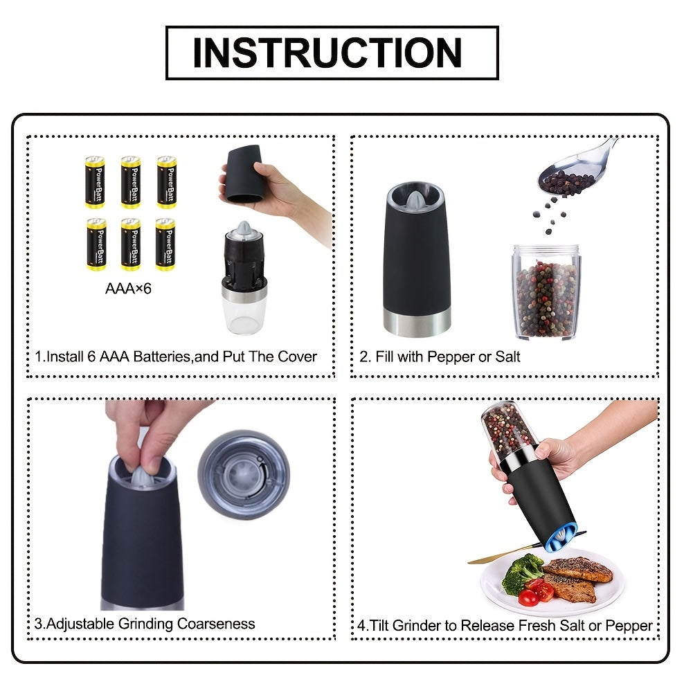 1pc/2pcs Set Gravity Electric Salt and Pepper Grinder, Salt Or Pepper Mill & Adjustable Coarseness, Battery Powered With LED Light, One Hand