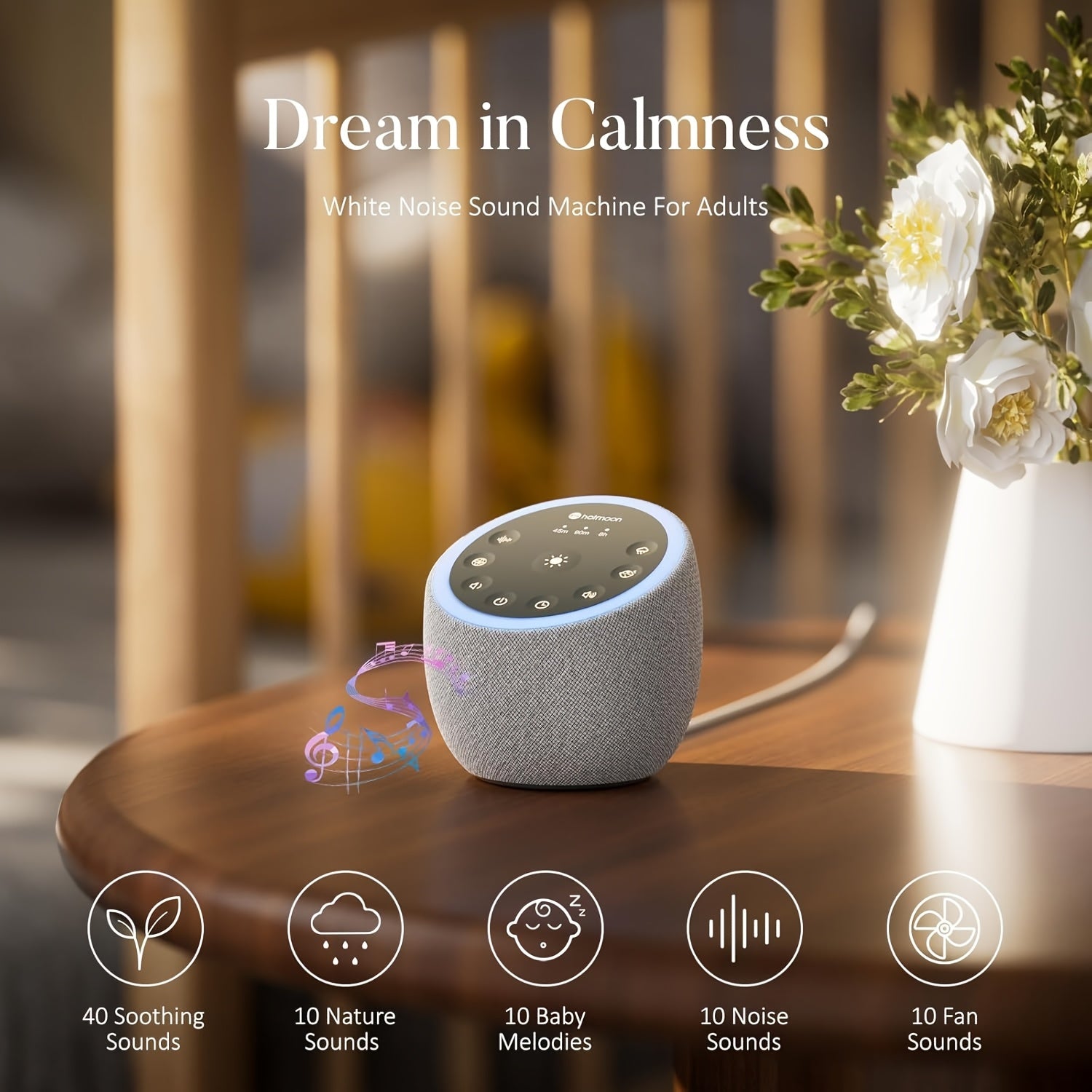 40 Soothing Sounds Cocoon Plus USB White Noise Machine - 32-Level Adjustable Volume, 8-Color Night Light, 4 Timers, Memory Function - Sleek Design, Plug-In, Sound Tool for Sleep, Yoga, Meditation