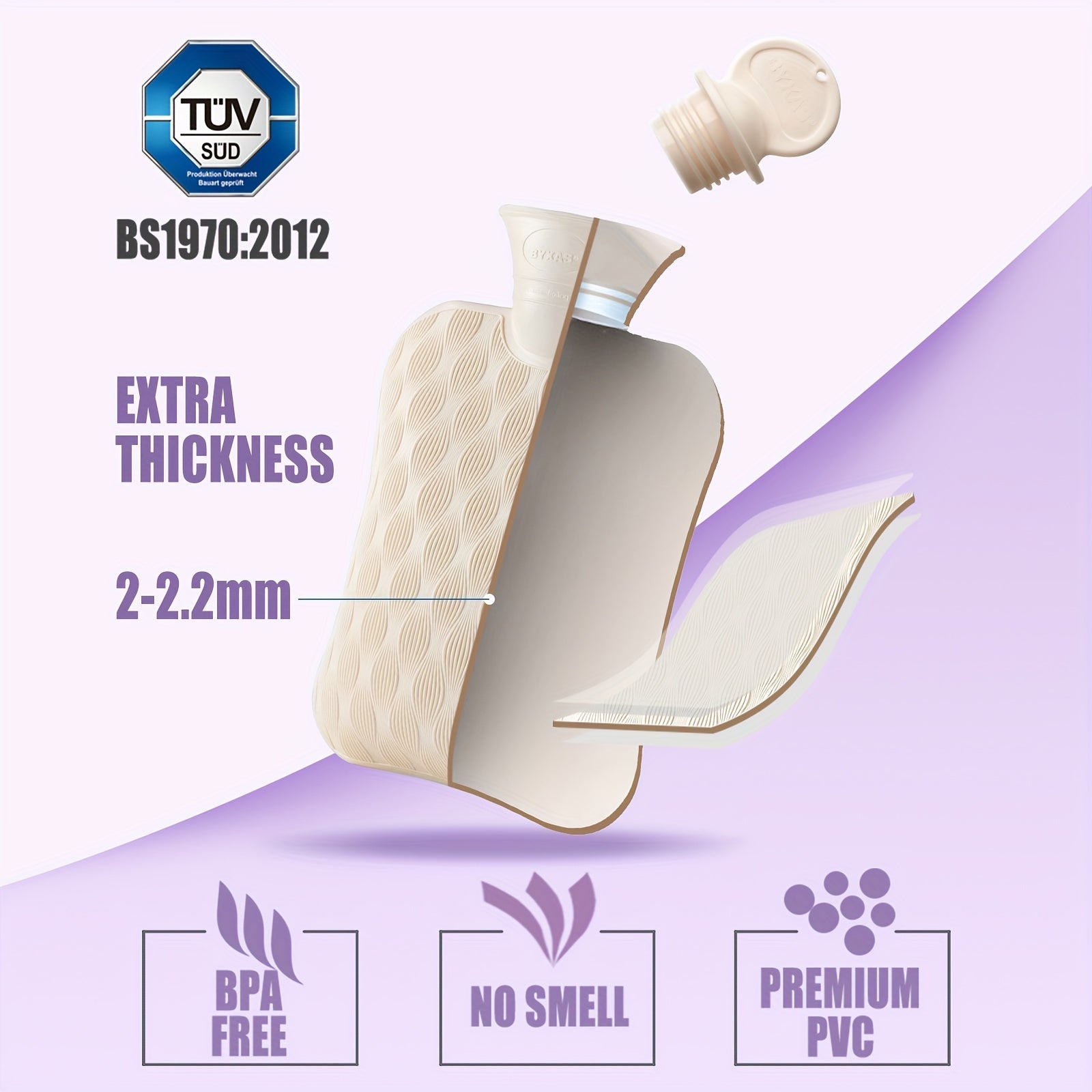 1pc BYXAS Hot Water Bottle, 2L Hot Water Bag For Neck And Shoulder, Hand Feet Warmer, Blue, Purple, White
