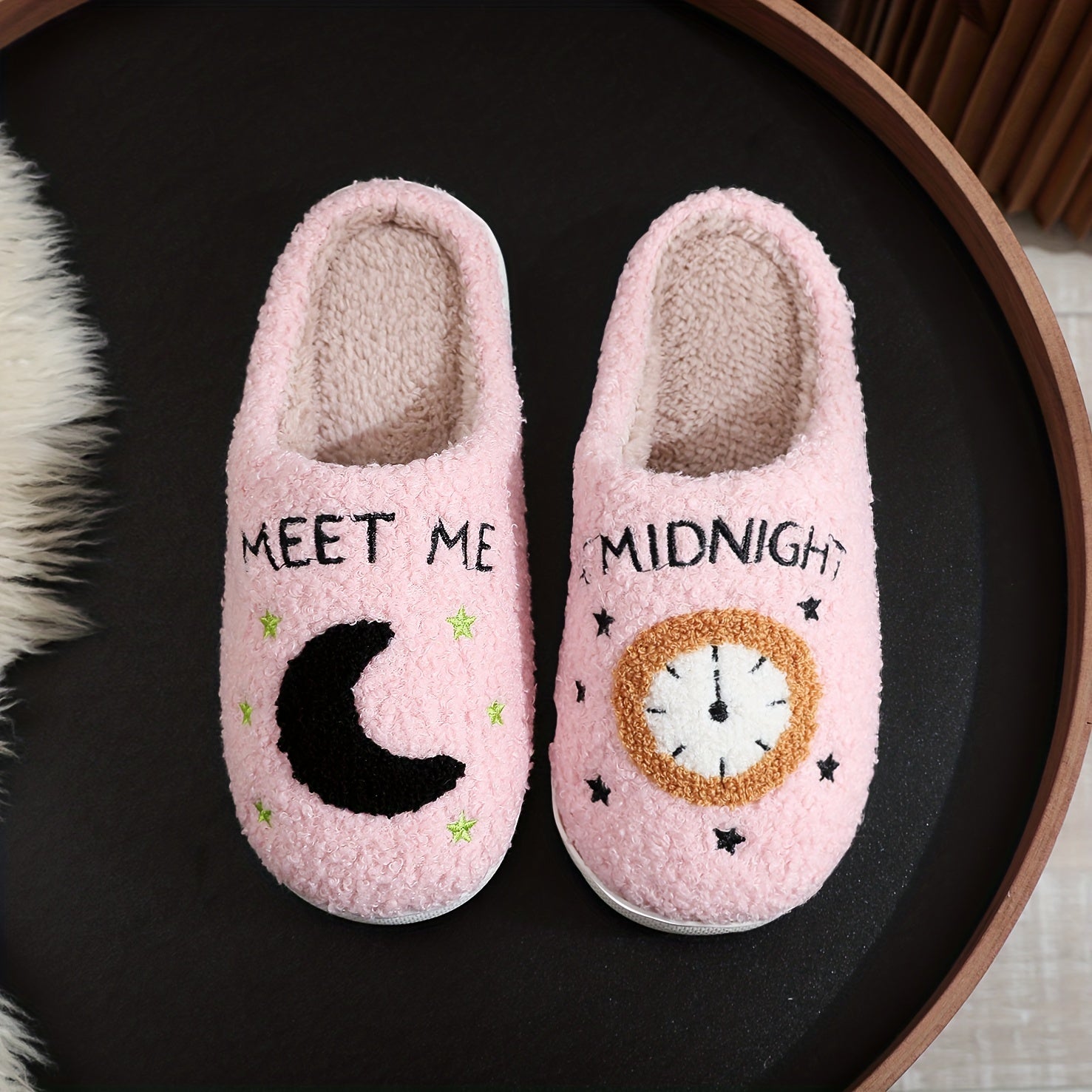 Adorable Moon Clock MEETMEATMIDNIGHT Plush Slippers
