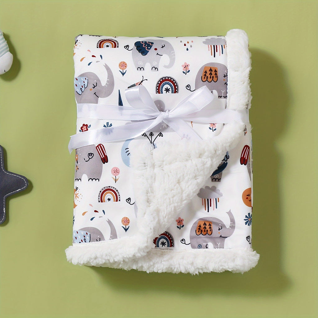 Cozy Double-Layered Youngsters' Blanket with Cute Animal Prints - Soft, Thick Spring & Autumn Throw in Gray/White/Blue/Yellow - Machine Washable Polyester, Thick, Animal Graphics