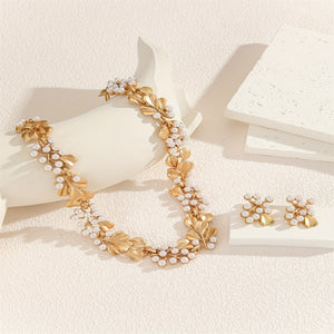 [Perfect Daily Wear Jewelry Set] [Everyday Elegance] Elegant Boho-Chic Faux Pearl & Golden Leaf Jewelry Set - Vintage-Inspired Necklace and