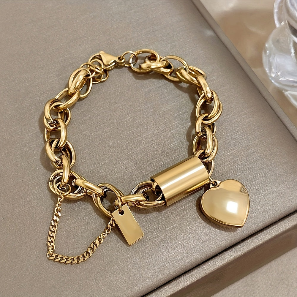 Punk Chunky Gold Color Thick Chain Stainless Steel Bracelets Fashion Design Heart Love Pendant Wrist JewelryNew Year's Gifts Valentine's Day