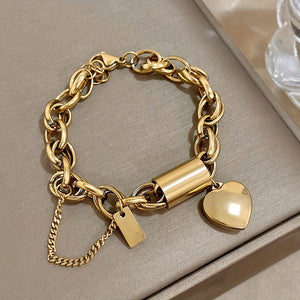 Punk Chunky Gold Color Thick Chain Stainless Steel Bracelets Fashion Design Heart Love Pendant Wrist JewelryNew Year's Gifts Valentine's Day