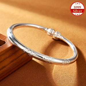 Simple Tribal Style S999 Sterling Silver Bracelet, Unplated - 999 Pure Silver Jewelry, Suitable for Women's Daily Wear & Gift Giving, Ideal