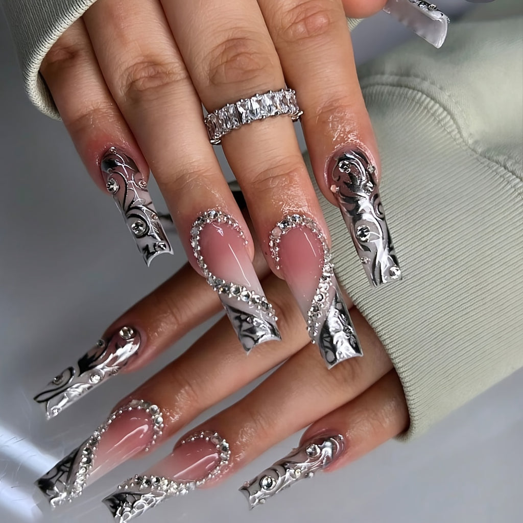 24pcs Glossy Long Square Fake Nails, Nude Press On Nails With Silvery Stripe And 3D Heart Rhinestone Chain Design, Sweet And Romantic False