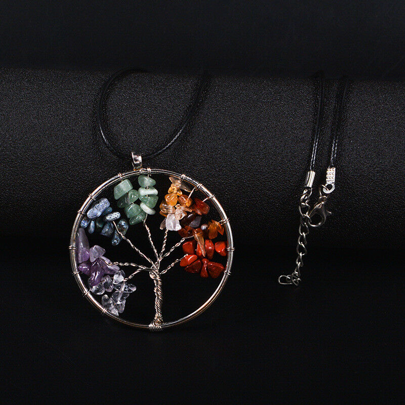 Gemstone Quartz Crystal Wisdom Life Tree Woven Pendant Necklace Chakra Chain