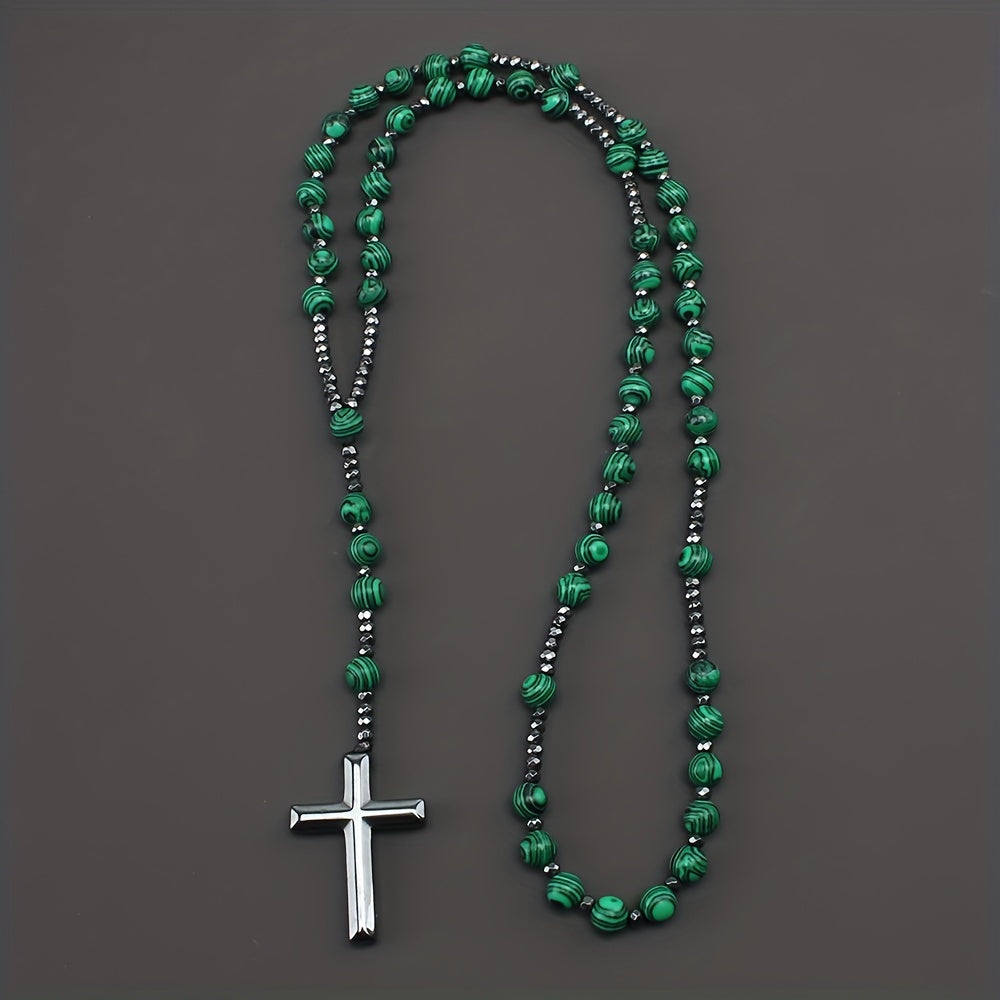 1pc Fashion Retro Style Jewelry, Natural Stone Round Beads Malachite Hematite Cross Religious Rosary Beads Men's Long Necklace, For Daily We