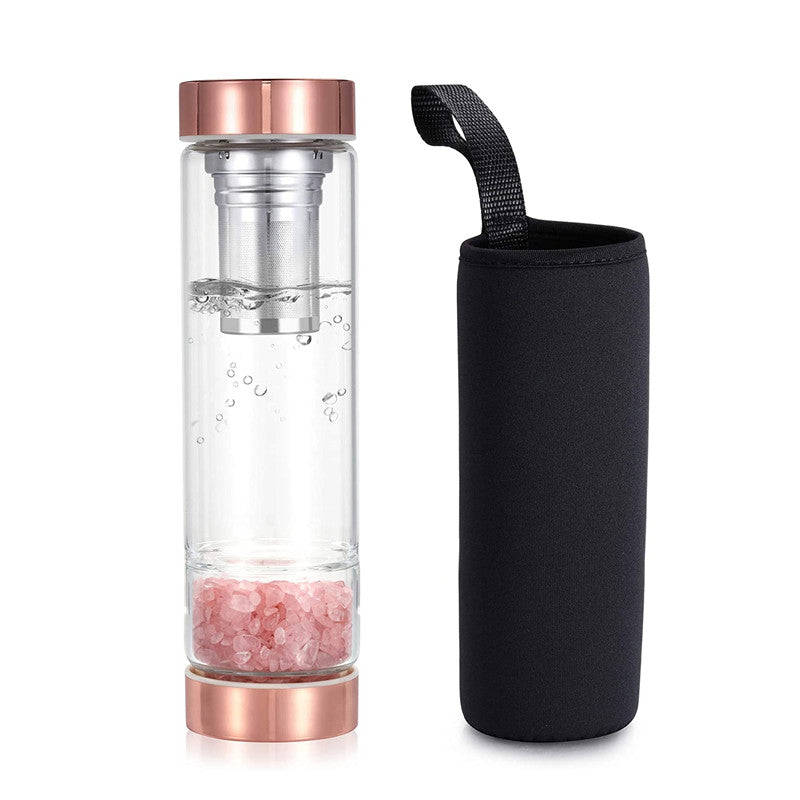 Crystal Water Bottle,  Rose Quartz Healing Glass Water Bottle, Includes a Loose Leaf Tea Infuser Bottle and Protective Sleeve