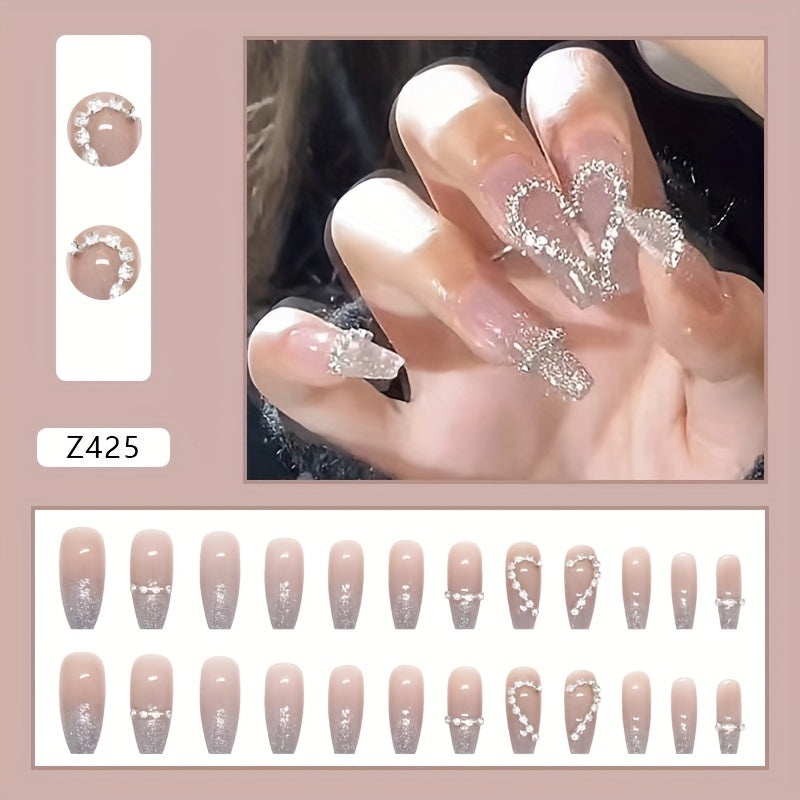 24pcs Heart Design Press On Nails with Rhinestones - Long Coffin Fake Nails for Women, Girls, and Men - Full Glue On Acrylic Artificial Nail