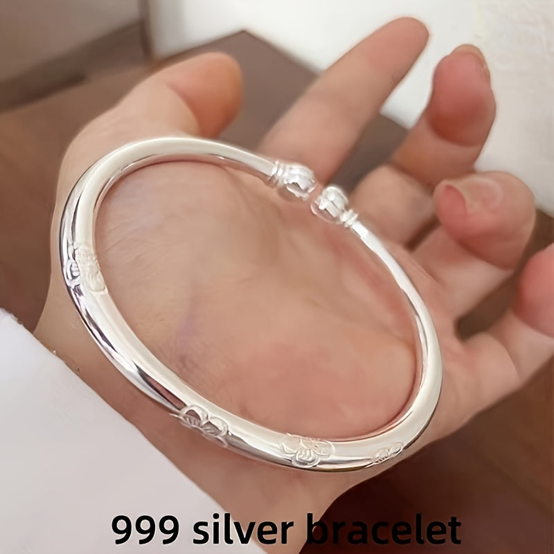 Simple Tribal Style S999 Sterling Silver Bracelet, Unplated - 999 Pure Silver Jewelry, Suitable for Women's Daily Wear & Gift Giving, Ideal