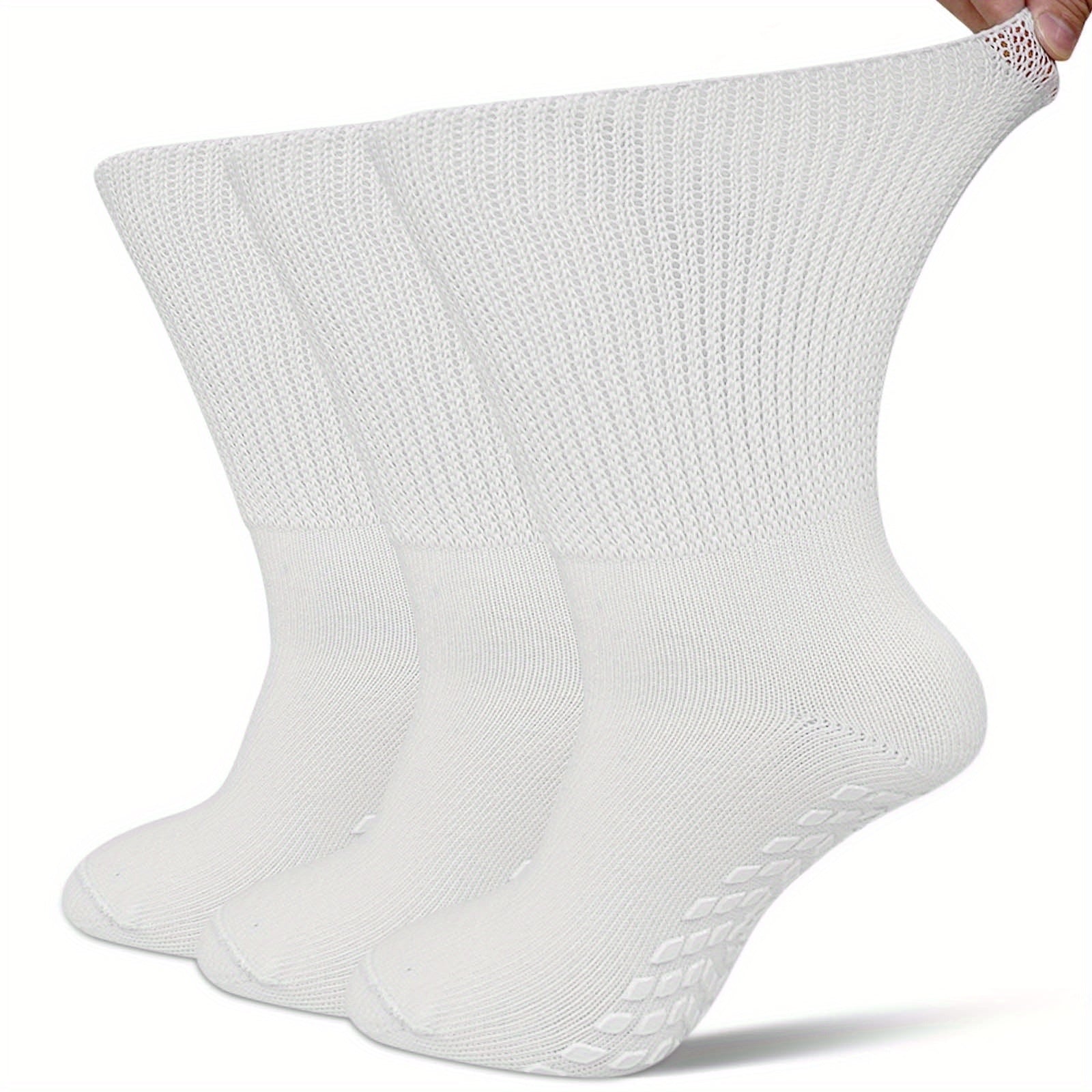 [3 Pairs Diabetic Socks] 3 Pairs Non Slip Diabetic Socks for Men Women, Extra Wide Calf Socks for Swollen Feet, Hospital Socks with Gripper, Size 10-13, White