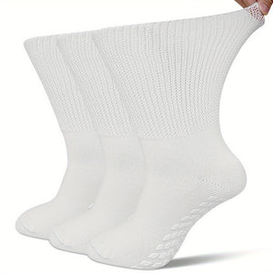[3 Pairs Diabetic Socks] 3 Pairs Non Slip Diabetic Socks for Men Women, Extra Wide Calf Socks for Swollen Feet, Hospital Socks with Gripper, Size 10-13, White