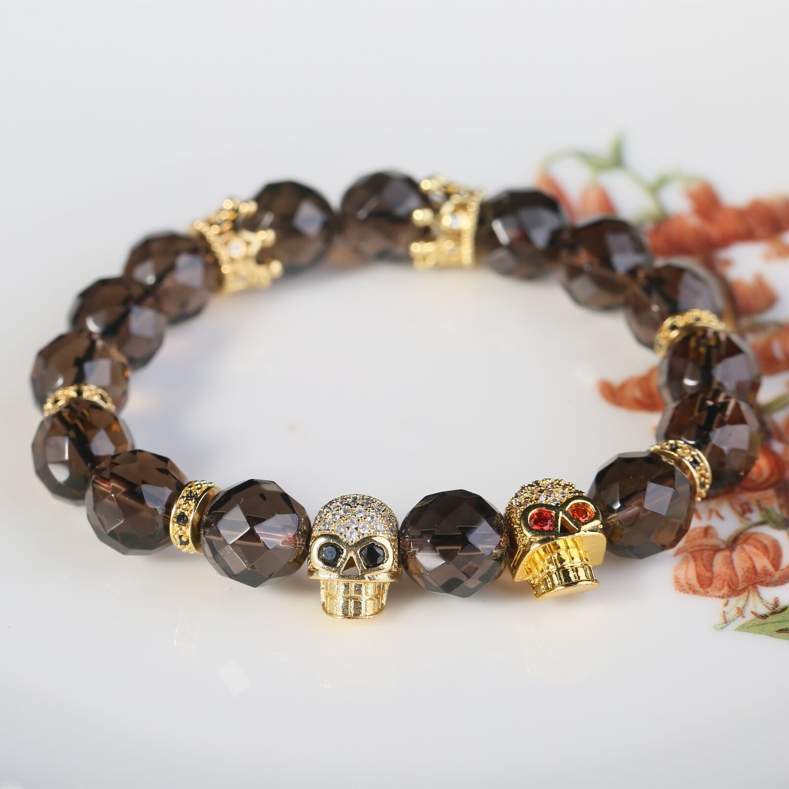 Bracelets Men Fashion Jewelry Twin Skulls Smoky Quartz Citrine Healing Gothic