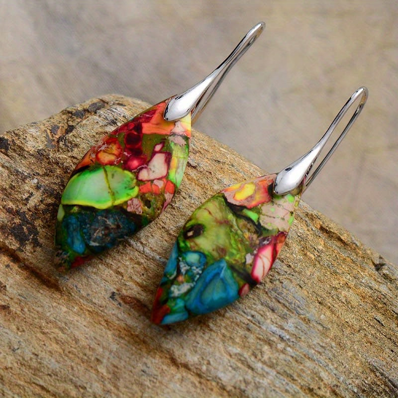 Bohemian Natural Imperial Stone Leaf Dangle Earrings For Women Jewelry Gift