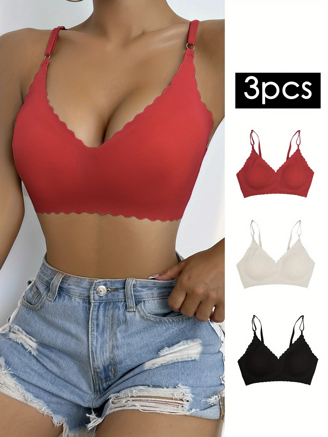 3-Piece Chic Wavy Trim Bralettes - Seamless & Breathable for Daily Comfort | Wireless Intimates Set - Everyday Elegance