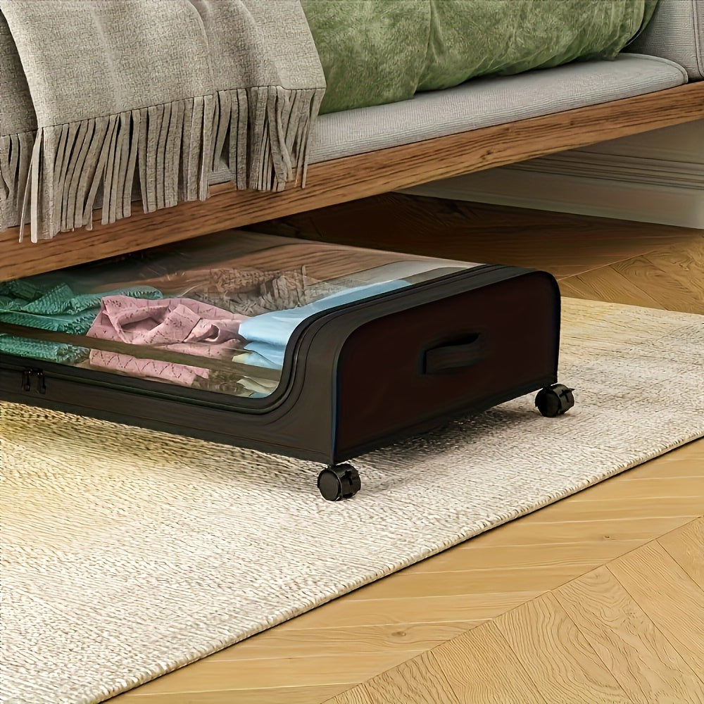 Large Capacity Under Bed Storage Organizer with Wheels and Clear Lid – Metal Rectangular Container for Clothes, Toys, Shoes, Blankets, and Books – Multi-Purpose Zippered Organizer for Efficient Home Storage, Versatile Storage Solution | Rectangular Shape