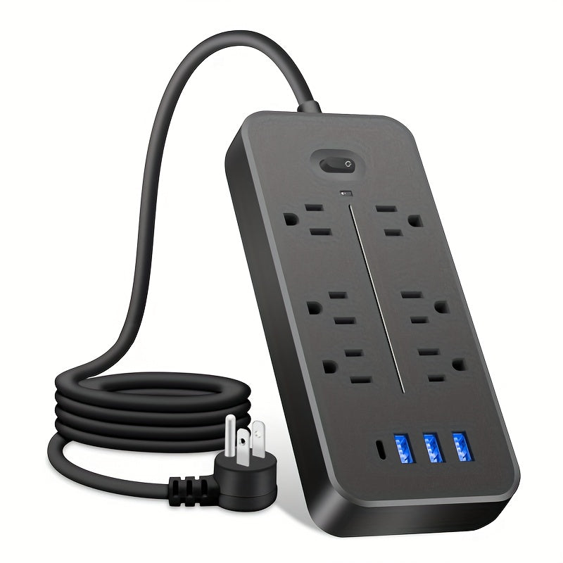 [6 Outlets + 3 USB Plug] Flat Plug Power Cord with 6 AC Outlets, 3 USB Ports & Type C: 1700J Lightning Protection for Wall-Mounted Home Office Use