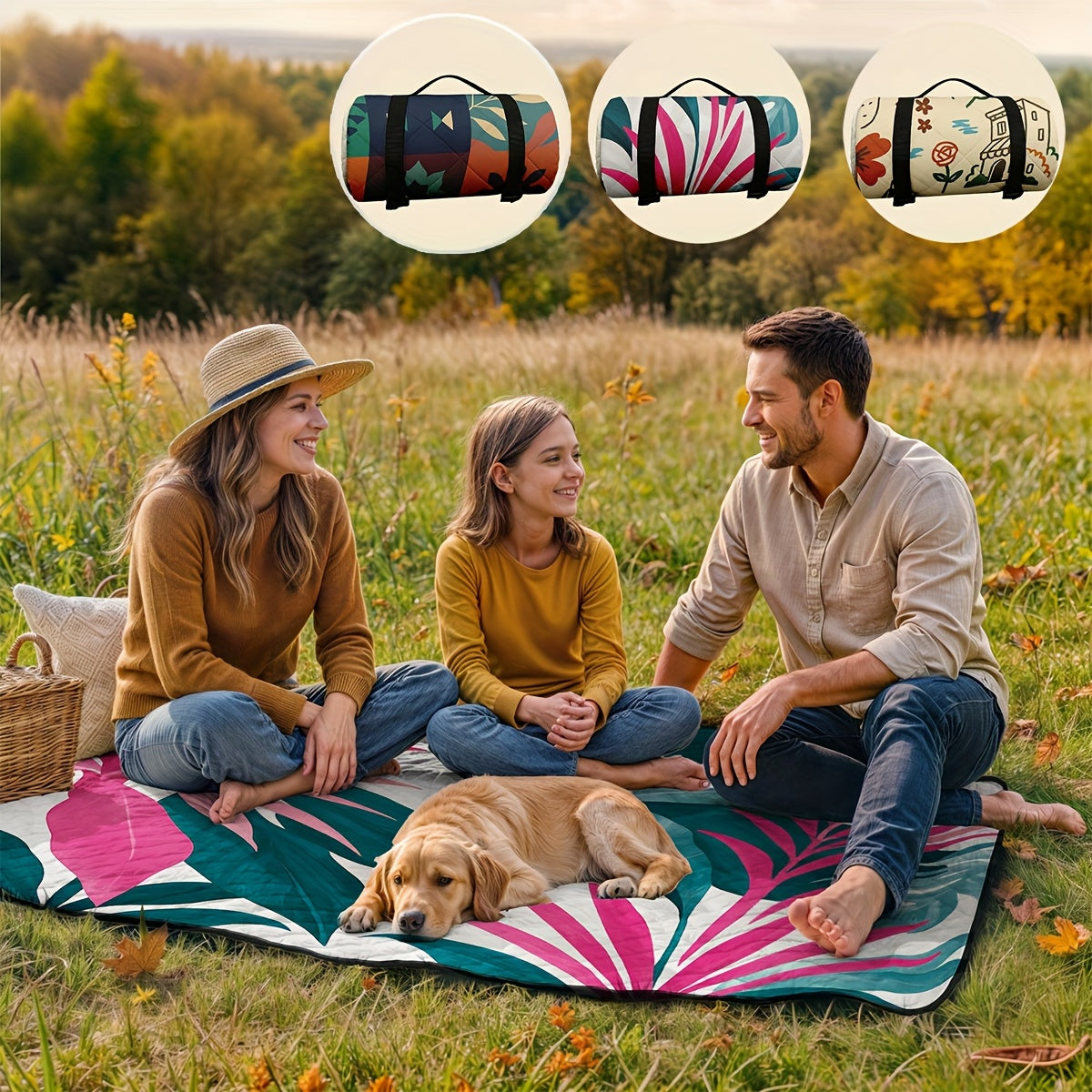 Extra Large Foldable Picnic Blanket with Carry Strap - Soft Padded Three-Layer Design, Colorful Floral & Fruit Print, 198.12x198.12 cm for Beach, Park, Camping & Travel, Beach Blanket, Camping Essentials, Vibrant Pattern, Durable Fabric