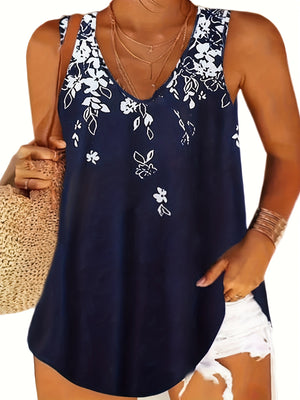 Versatile Plus Size Floral V-Neck Tank Top - Comfortable Stretch Knit, Perfect for All Seasons