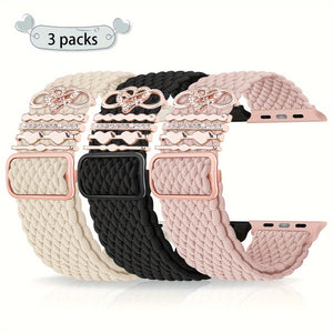 3-Pack Nylon Braided Watch Bands for Apple Watch, Waterproof, Hook & Loop Closure, with 5 Heart Charms, Smartwatch Accessories