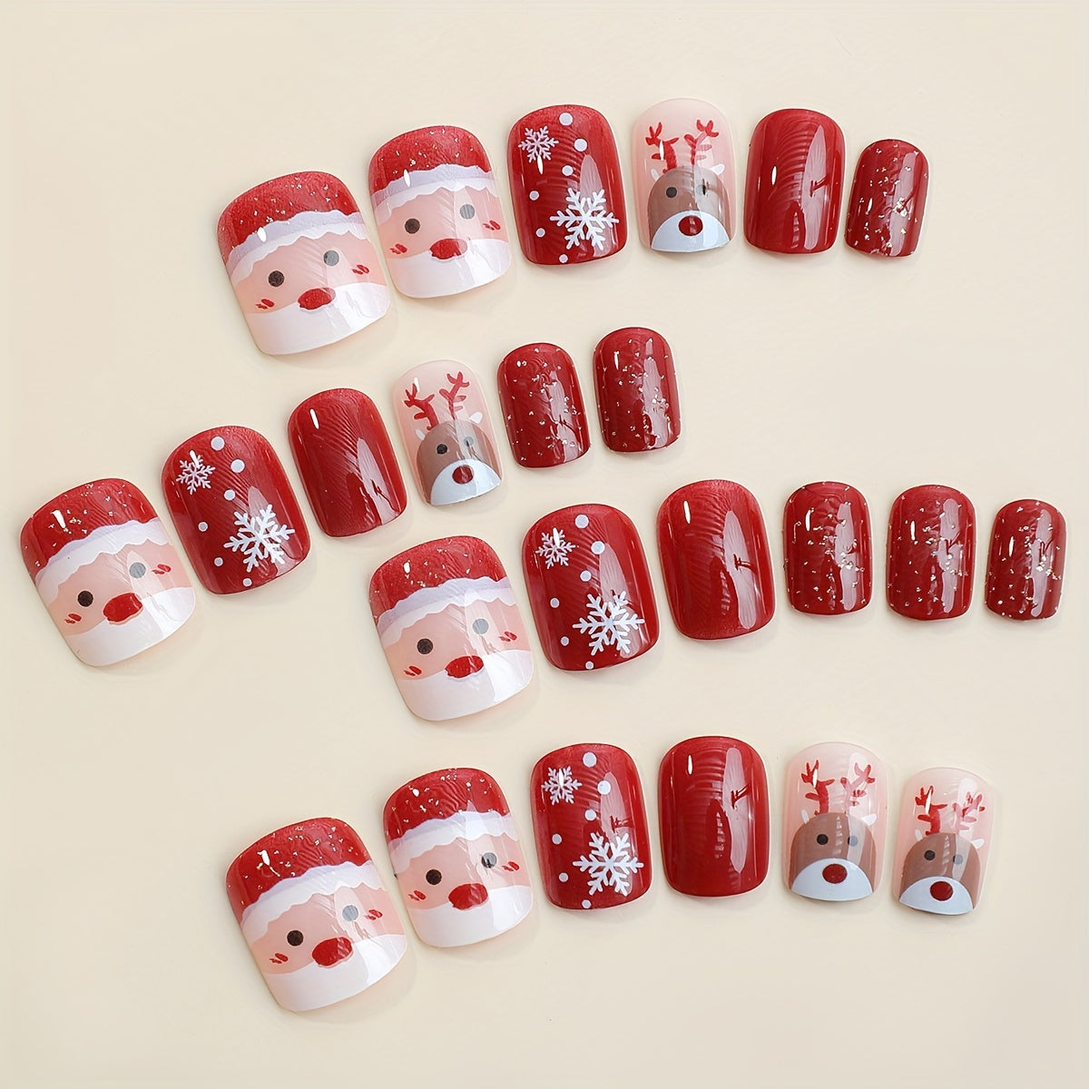 24pcs Glossy Short Square Fake Nails, Christmas Red Glitter Press On Nails With Santa Claus Snowflake And Cute Elk Design, Cartoon False Nai