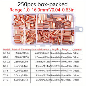 250pcs Copper Connecting Pipe Kit With Crimping Pliers - Perfect For Wire Joints & Cable Lugs!