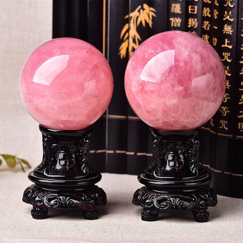 8-9cm Natural Crystal Rose Quartz Ball Energy Stone Pink Ornaments Ball Home Decoration Reiki Healing Stone Free Wooden Frame