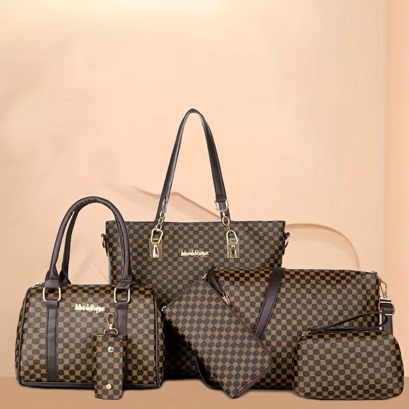 Elegant & Versatile 6-Piece PU Leather Bag Set: Tote, Boston, Clutch with Stylish Patterns, Secure Zip & Comfort Straps