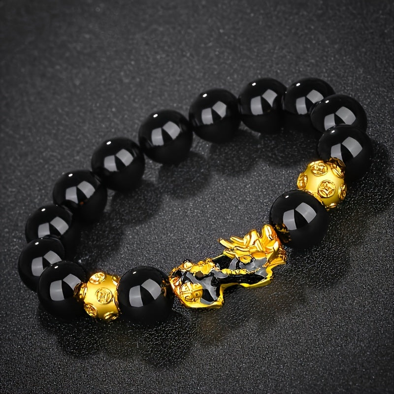 1PC Synthetic Obsidian Beads Alloy Color Changing Pixiu Bracelet, Buddha Beads Elastic Rope Hand Jewelry, Unisex Holiday, Christmas New Year