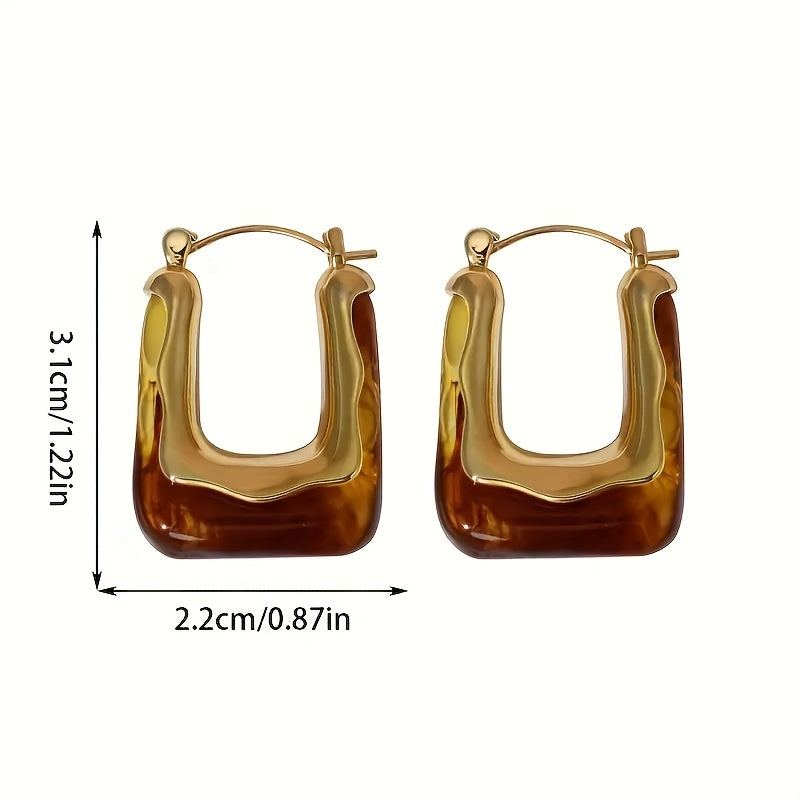 Elegant Vintage-Inspired U-Shaped Hoop Earrings with Amber Resin Accents - Chic Alloy Dangle Earrings for Women, Perfect for Casual Attire &