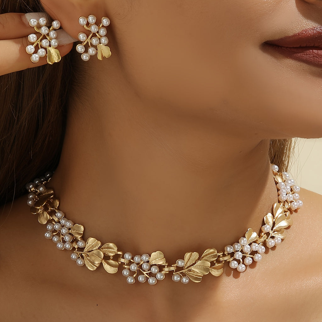 [Perfect Daily Wear Jewelry Set] [Everyday Elegance] Elegant Boho-Chic Faux Pearl & Golden Leaf Jewelry Set - Vintage-Inspired Necklace and