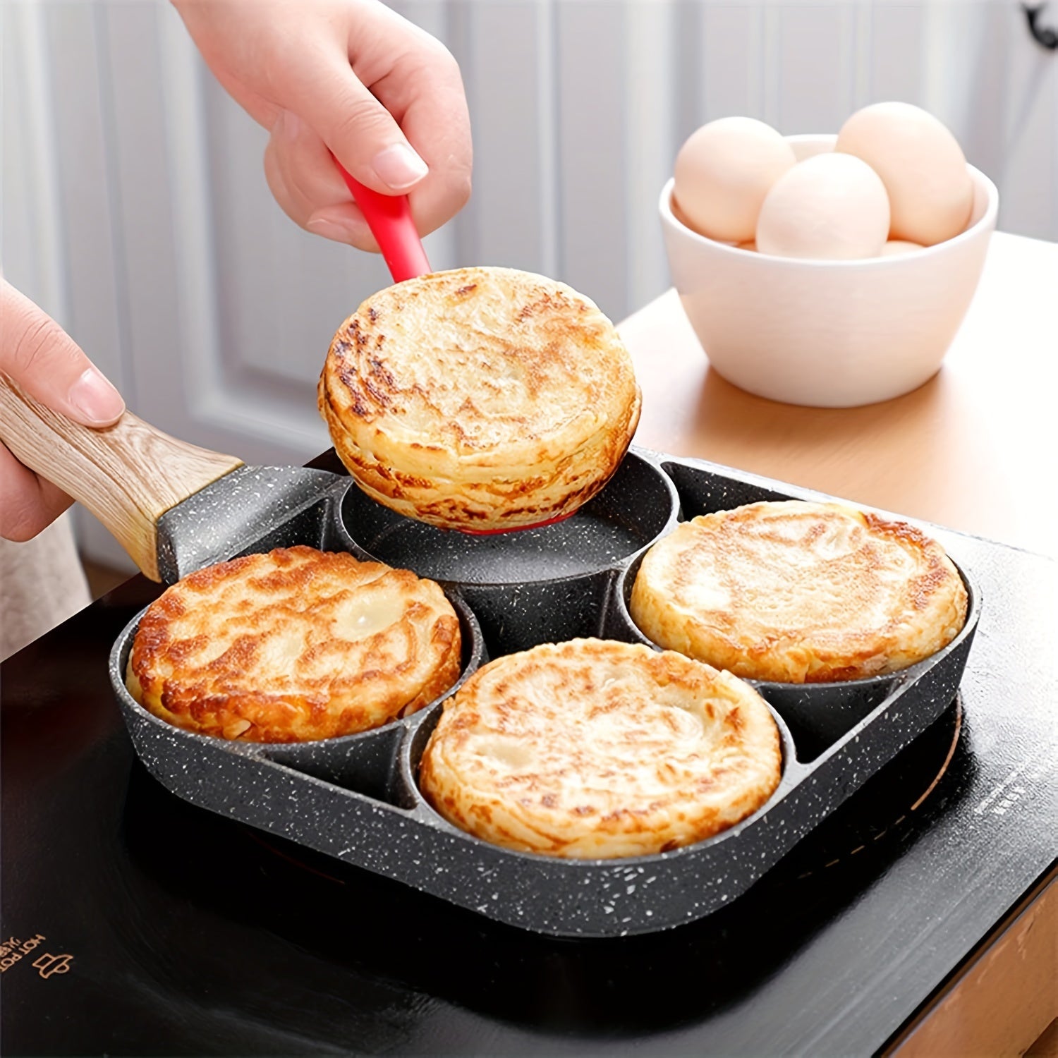 4-in-1 Non-Stick Mung Bean Stone Egg Frying Pan with Cast Iron Handle, Smooth Surface Compatible, Hand Wash Only, Kitchen Cooking Tool