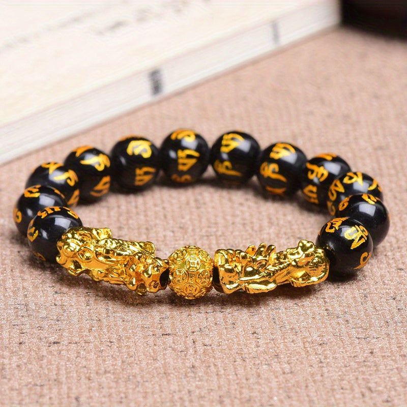 1pc Black Obsidian Transit Buddha Bead Bracelet, Fashion Wealth Bracelet